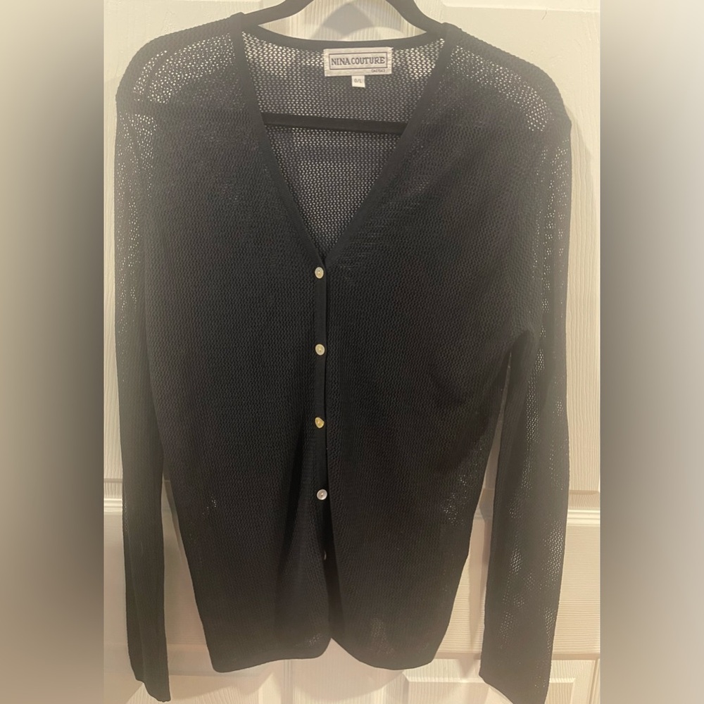 Nina couture see through cardigan mesh navy Sweater large mother-of-pearl button
